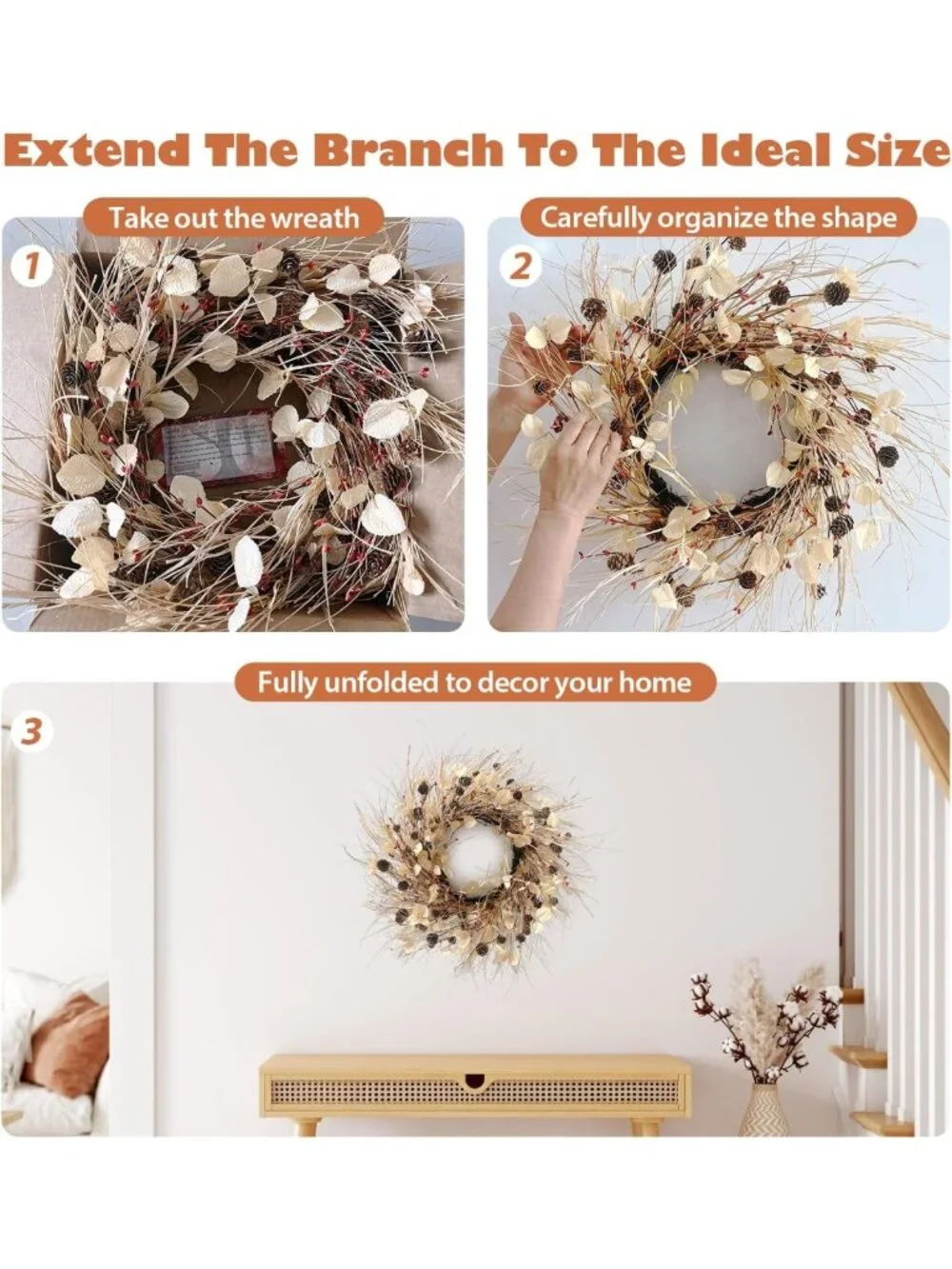 24-Inch Autumn Wreath for Front Door Decor with Pinecones & Red Berries